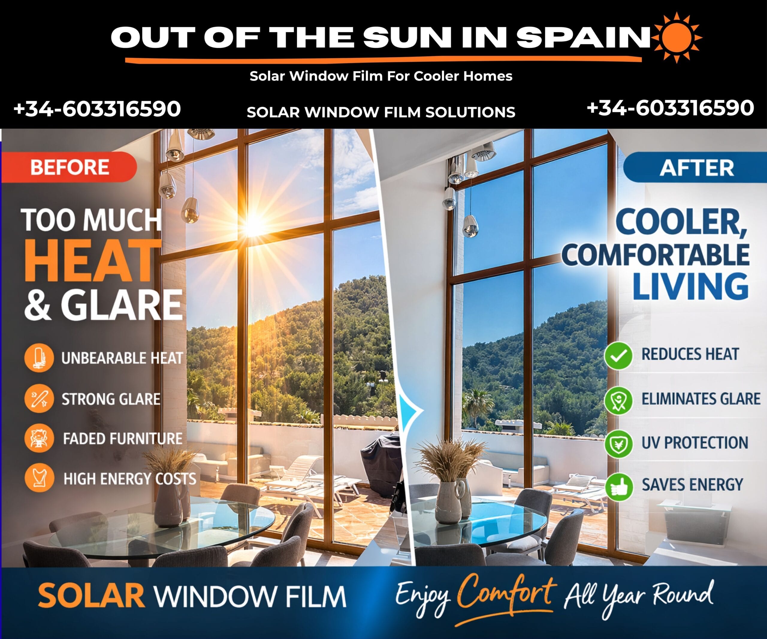 Silver solar window film interior and exterior installed to protect against heat, glare and UV